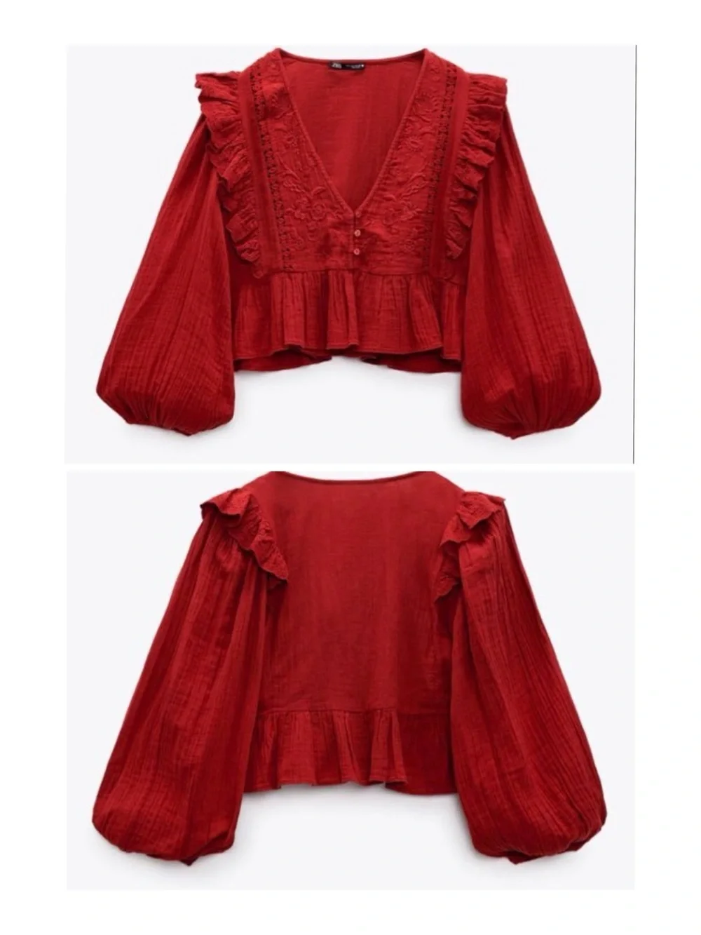 Zara Red Embroidered Frilled Ruffle V-neck Flare Cropped Top Blouse Size XS